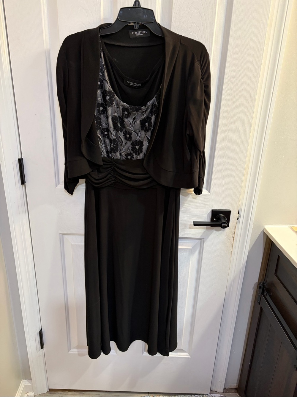 Perceptions Black Lace-Overlay Evening Dress with Cropped Jacket